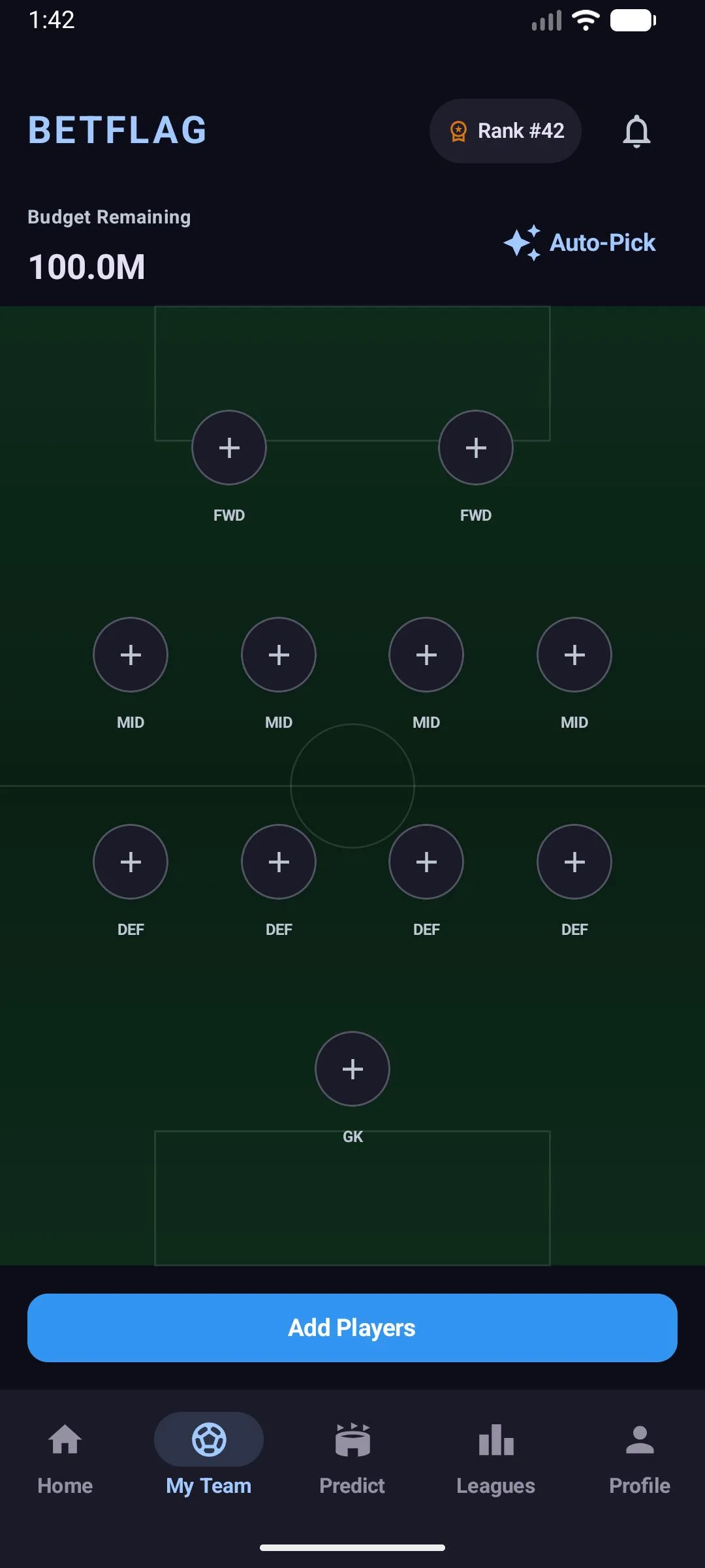 Betflag – fantasy squad builder screen