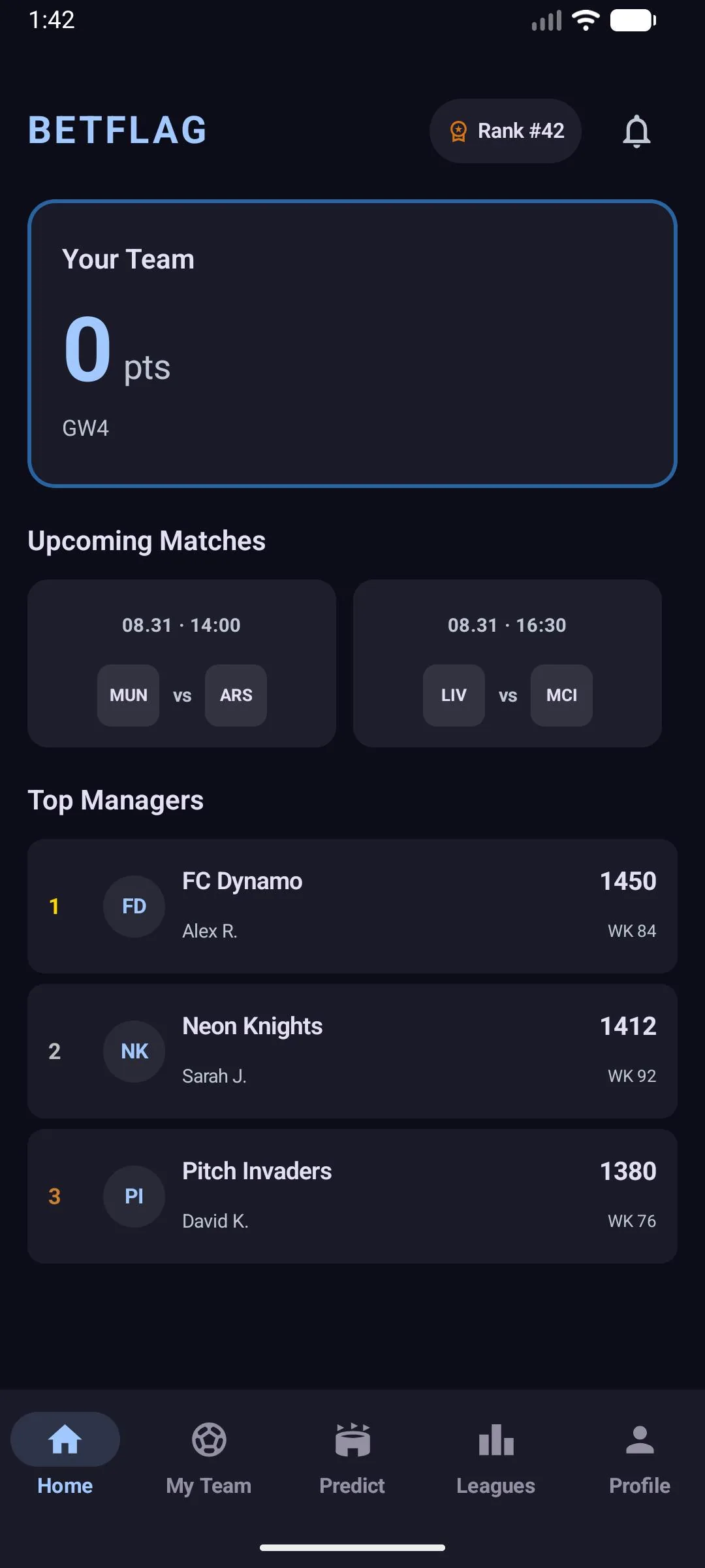 Betflag – home screen with team points and leaderboard